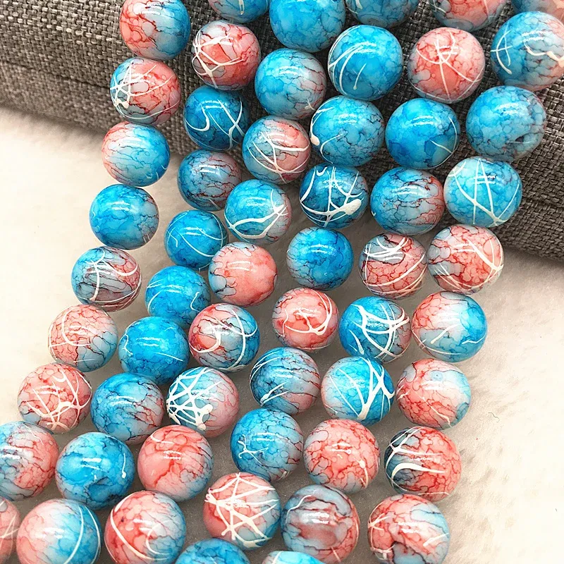 Color: Lemon yellow, Item Diameter: 5mm - Wholesale 4/6/8/10mm Glass Beads Round Loose Spacer Beads Pattern For Jewelry Making DIY Bracelet Necklace