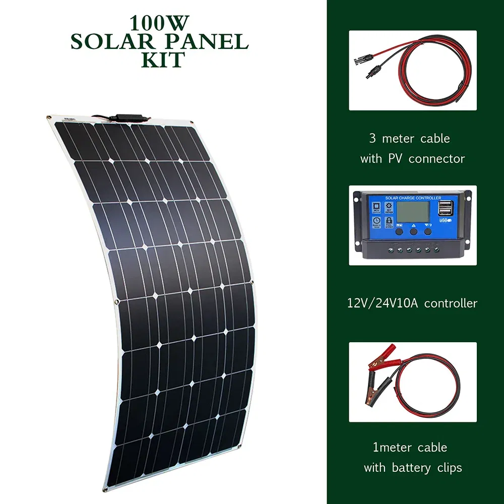 Color: black, Ships From: CHINA - New Solar panel kit and 300w 200w 100w flexible solar panels 12v 24v high efficiency battery charger module