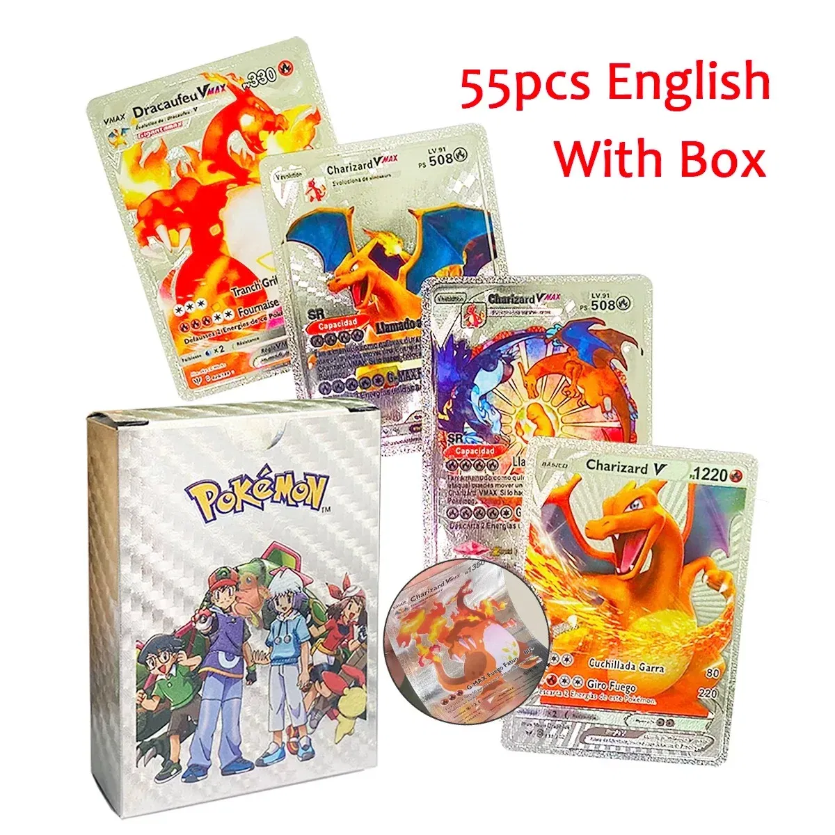 Color: Clear - 55PCS Pokemon Colorful Gold Foil Card Charizard Pikachu Arceus Diamond Rainbow English French German Spanish VSTAR GX VMAX Cards