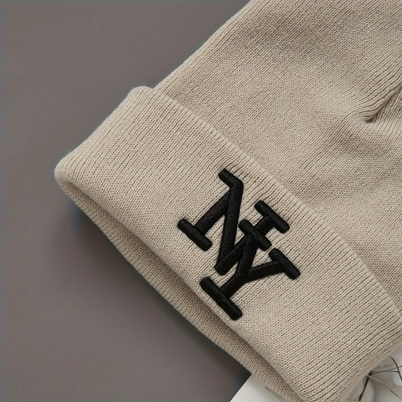 Color: Sandstone - 1/2/3pcs Unisex Winter Beanie Hats, Solid Color Knitted Warm Outdoor Caps with Embroidered NY Logo, Hand Washable, Black