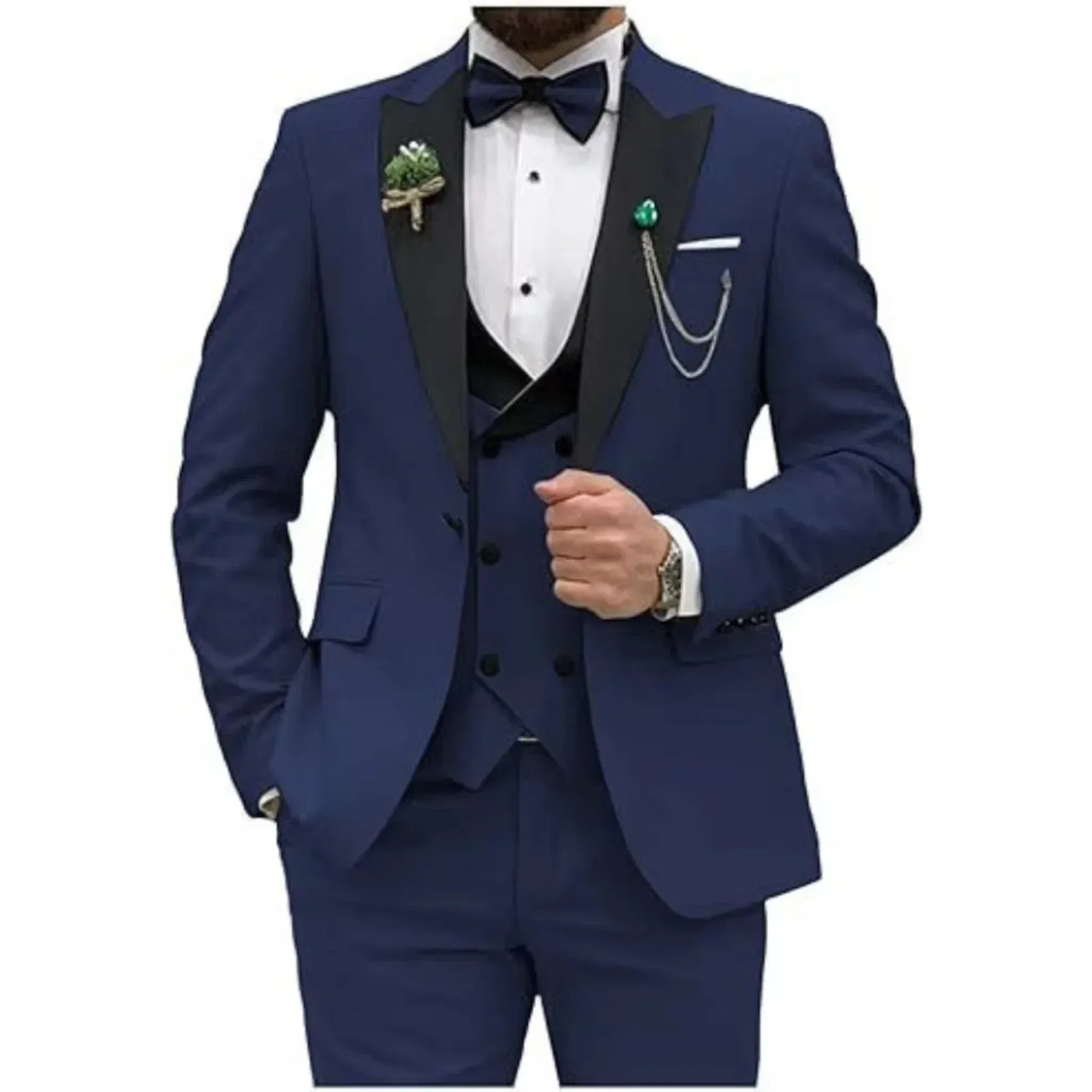 Color: Navy Blue, Size: XXL - Men Suit Colorful Luxury Blazer Vest And Pant Sets 3 Piece Birthday Dress Business  Prom Evening Party Costumes High Quality