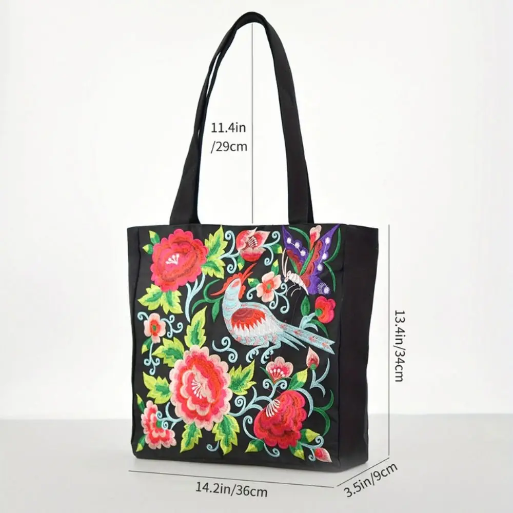 Color: Gold - Ethnic Style Women Shoulder Bag Casual Canvas Large Capacity Embroidered Tote Bag Handbag Colorful Shopping Bag