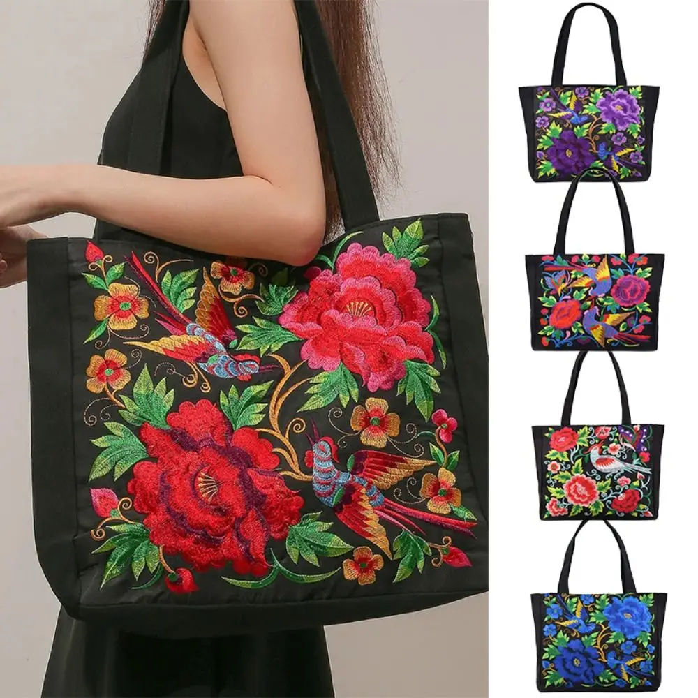 Color: Gold - Ethnic Style Women Shoulder Bag Casual Canvas Large Capacity Embroidered Tote Bag Handbag Colorful Shopping Bag
