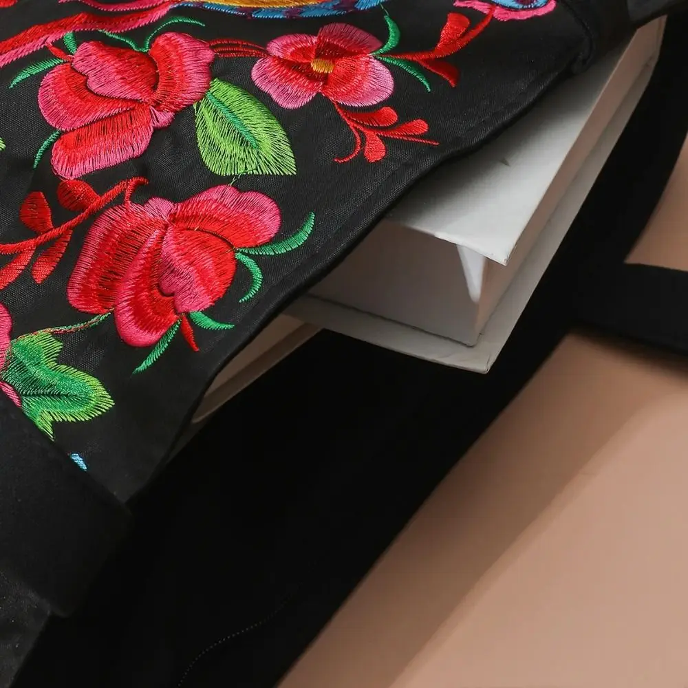 Color: Gold - Ethnic Style Women Shoulder Bag Casual Canvas Large Capacity Embroidered Tote Bag Handbag Colorful Shopping Bag
