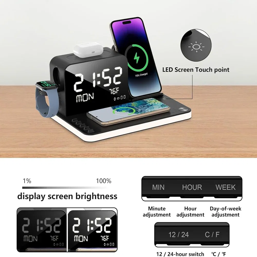 Color: silver, Ships From: CHINA - Top BezosMax 7 in 1 Wireless Charging Station with Dual iPhone Fast Charger Support Bluetooth/TimeSync 30W Fast Adapter for