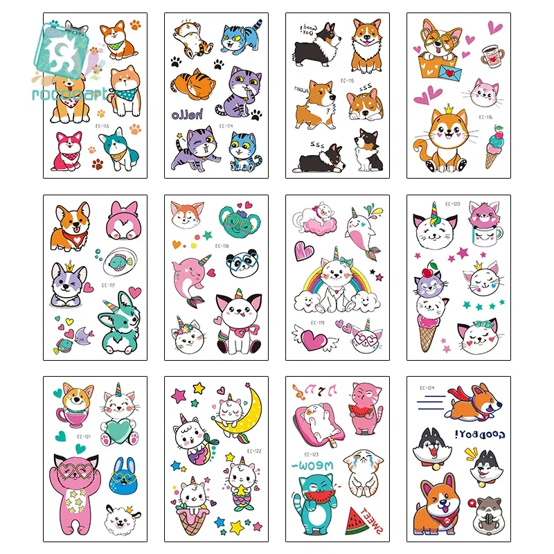 Color: black - Cartoon Animal Waterproof Temporary Tattoo Cute Pet Cats and Dogs Tattoo Stickers Children Boy Girl Fake Body Art Flash Tatoo