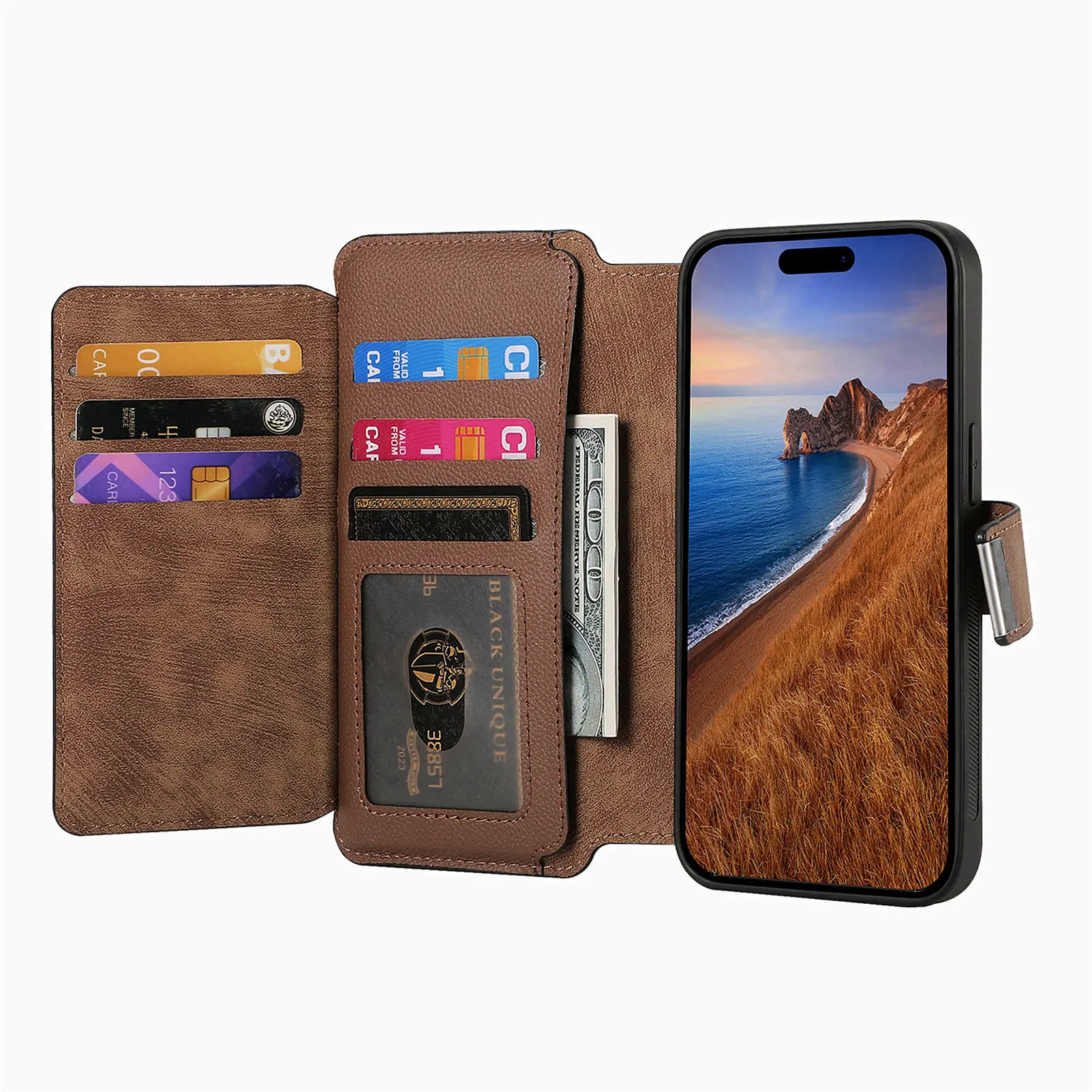 Color: Brown, Material: PP - With Magsafe Wallet Case For Xiaomi Poco X6 X5 X3 M6 M5S M4 M3 F6 F5 Pro F3 C31 Zipper Leather Multi 6 Card Slot Removable Cover