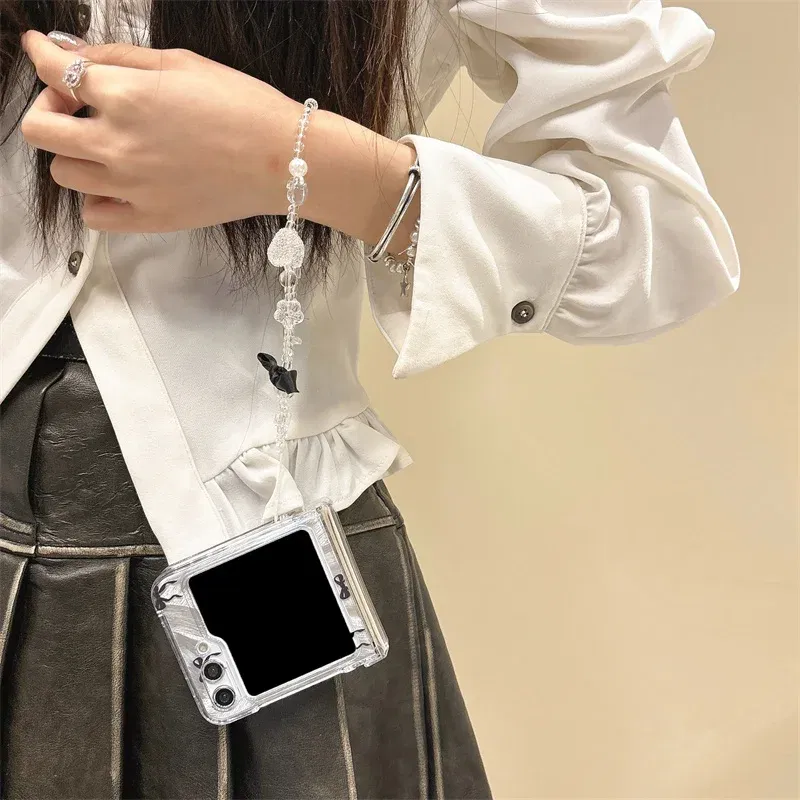 Color: GRAY, Material: Neoprene - For Samsung Galaxy Z Flip 3 4 5 6 Case Cute Pink Black Bow Feather Cards Bracelet Cover For Samsung Z Flip3 Flip4 ZFlip5