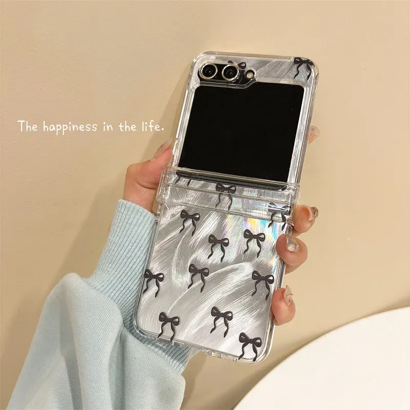 Color: GRAY, Material: Neoprene - For Samsung Galaxy Z Flip 3 4 5 6 Case Cute Pink Black Bow Feather Cards Bracelet Cover For Samsung Z Flip3 Flip4 ZFlip5