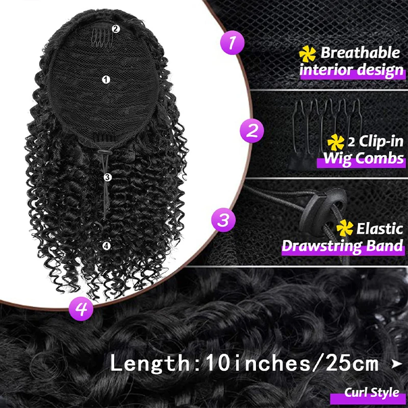 Color: T1B/613 - Synthetic Drawstring Curly Ponytail Extension for African Women Short Afro Kinky Ponytail Extension