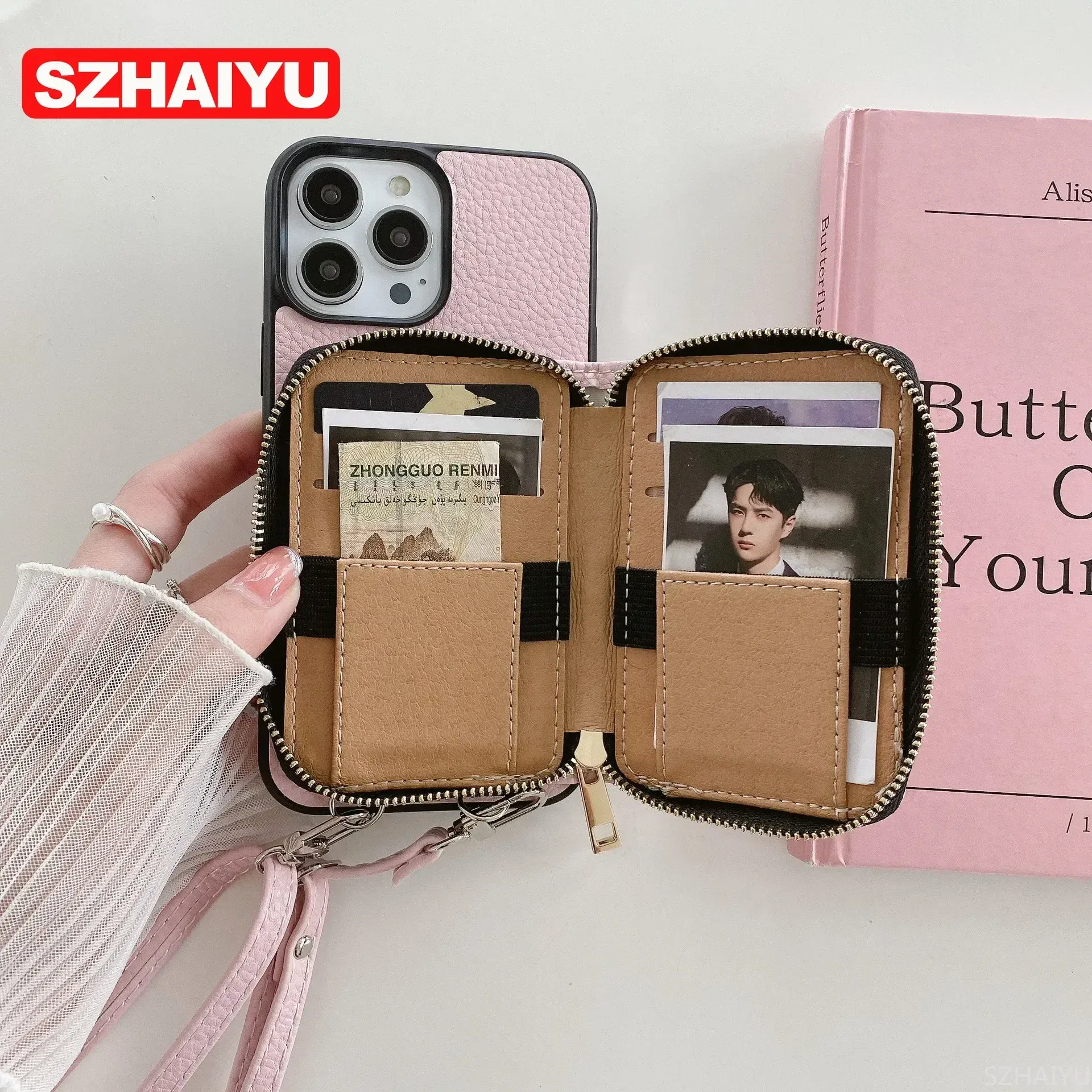 Material: tpu, Color: Clear - Zipper Wallet Phone Case For iPhone 16 15 14 13 12 Mini 11 Pro XS Max X Plus Card Slot Holder Crossbody Lanyard Leather Cover