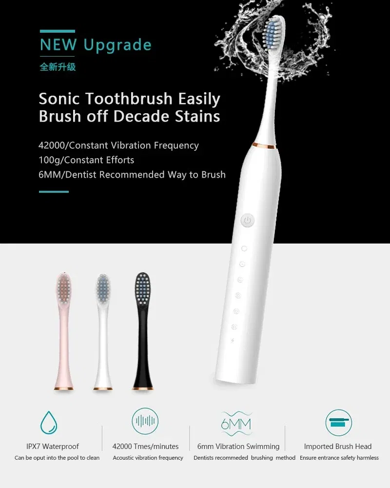 Color: Yellow - Toothink Electric Toothbrush Smart Timing Tooth Brush Rechargeable Teeth Clean Whitening Sonic Toothbrush With Replacement Head