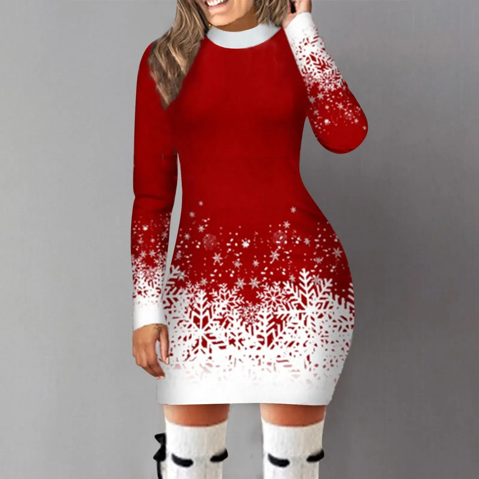 Color: Red, Size: S, Ships From: CN - Women's Christmas Dress Hip Wrap Slim Fit Autumn Winter 2024 Dresses Round Neck Snowflake Printed Long-sleeved Party Clothes
