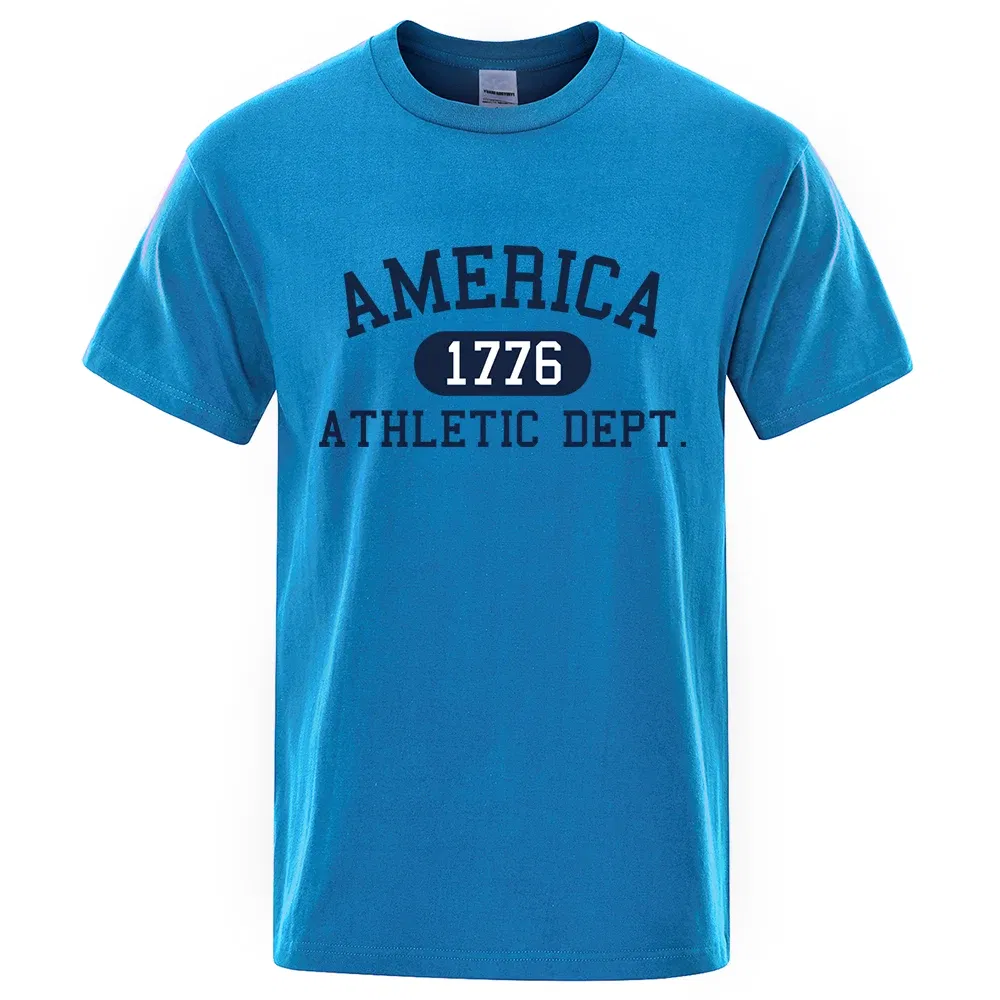 Color: SKY BLUE, Size: XXL - America 1776 Athletic Dept Letter Tshirt Man Fashion Tee Clothes Summer Luxury T-Shirt Hip Hop Breathable Cotton Tee Clothes