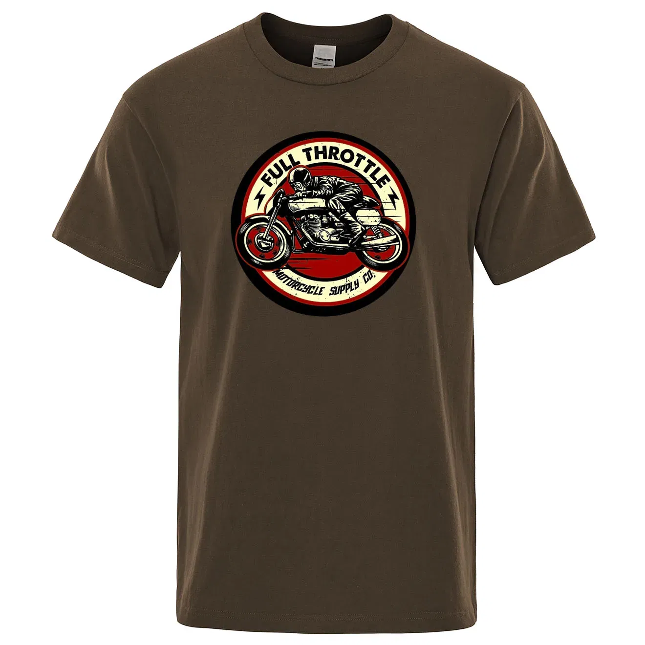 Color: Brown, Size: M - Full Throttle Cafe Racer Rockabilly Biker Printed T-Shirt Men Fashion Casual Short Sleeve Loose Cotton Tshirt Summer Loose Tees