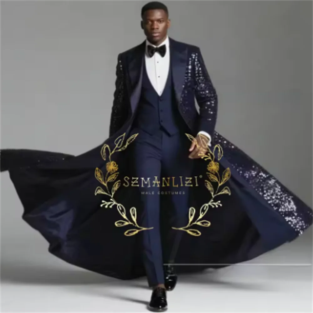 Color: black, Size: 6XL - Burgundy Shiny Sequin Suits Men 3 Pieces Sets Single Breasted Groom Long Blazer Costume Homme Wedding Tuxedo Male Clothing