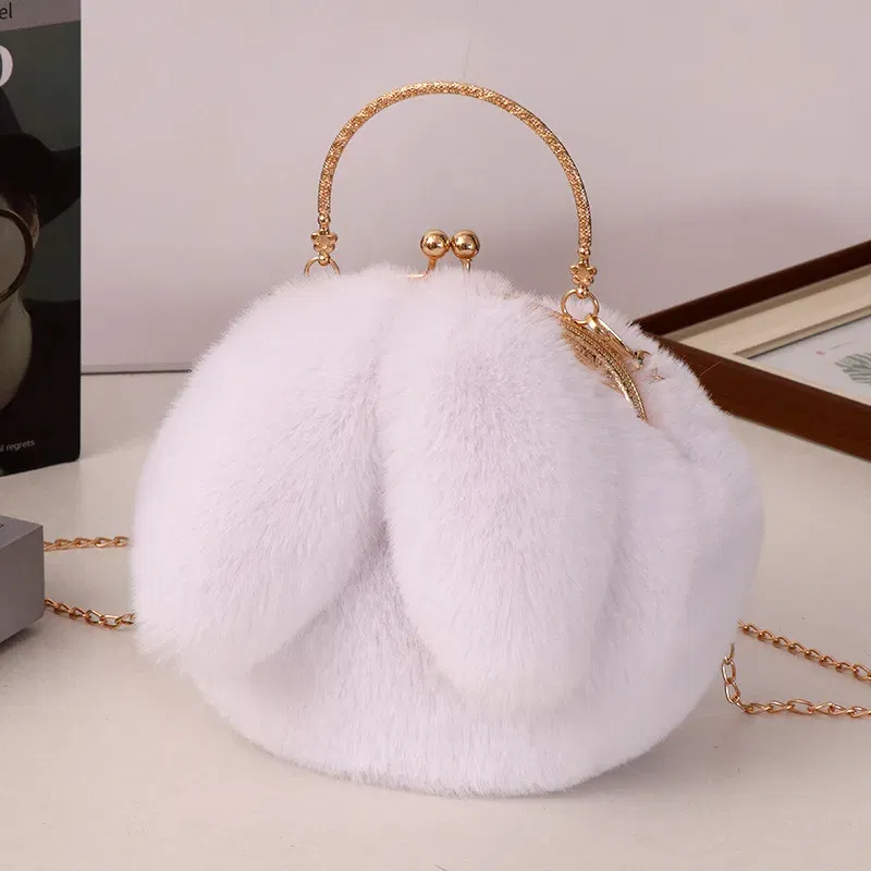 Color: Ivory - Adorable Rabbit Ears Fluffy Crossbody Bag Women Stylish Chain Shoulder Handbag New