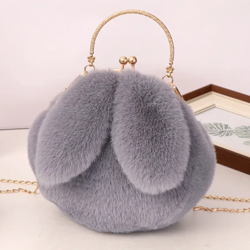 Color: Ivory - Adorable Rabbit Ears Fluffy Crossbody Bag Women Stylish Chain Shoulder Handbag New