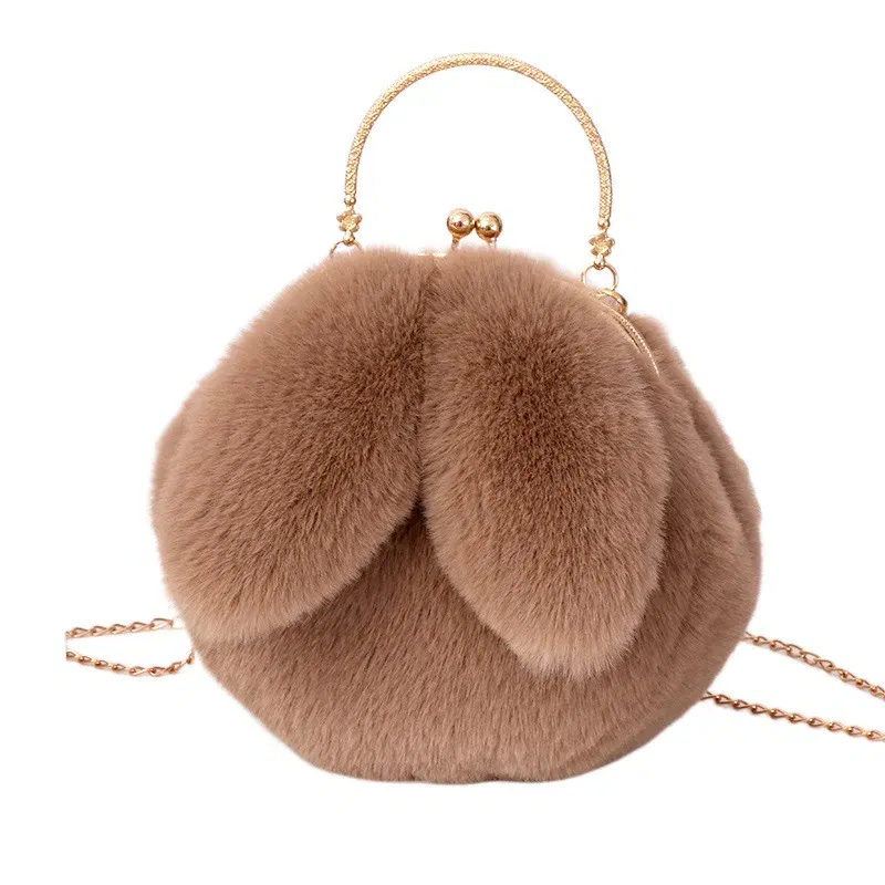 Color: Ivory - Adorable Rabbit Ears Fluffy Crossbody Bag Women Stylish Chain Shoulder Handbag New