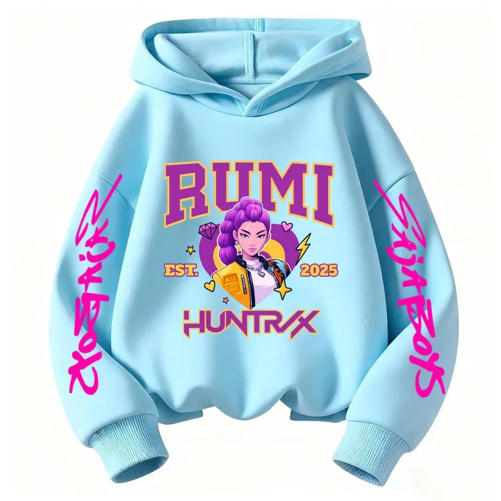 Color: Beige, Kid Size: 4T - 2025 KPop Devil Hunter Cartoon Girl Boy Hooded Sweatshirt Kawaii Children's Korean Wave Casual Fashion Top