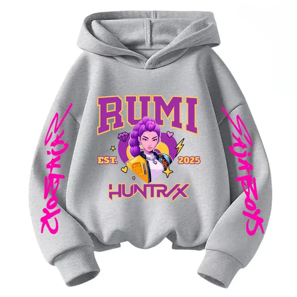 Color: Beige, Kid Size: 4T - 2025 KPop Devil Hunter Cartoon Girl Boy Hooded Sweatshirt Kawaii Children's Korean Wave Casual Fashion Top
