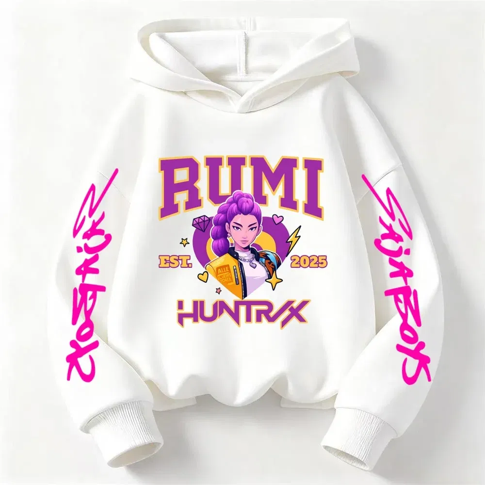 Color: Beige, Kid Size: 4T - 2025 KPop Devil Hunter Cartoon Girl Boy Hooded Sweatshirt Kawaii Children's Korean Wave Casual Fashion Top