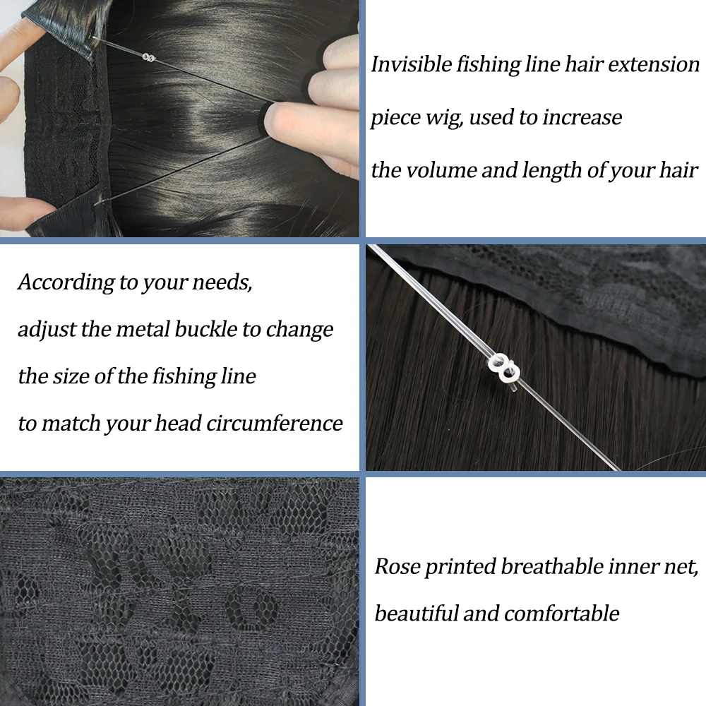 Color: T1B/350, Stretched Length: 32inches, Ships From: CHINA - Synthetic Natural Wavy No Clip Fish Line Invisible Hair Extensions Mixed Color Blonde Black Artificial False Hair Piece ForWomen