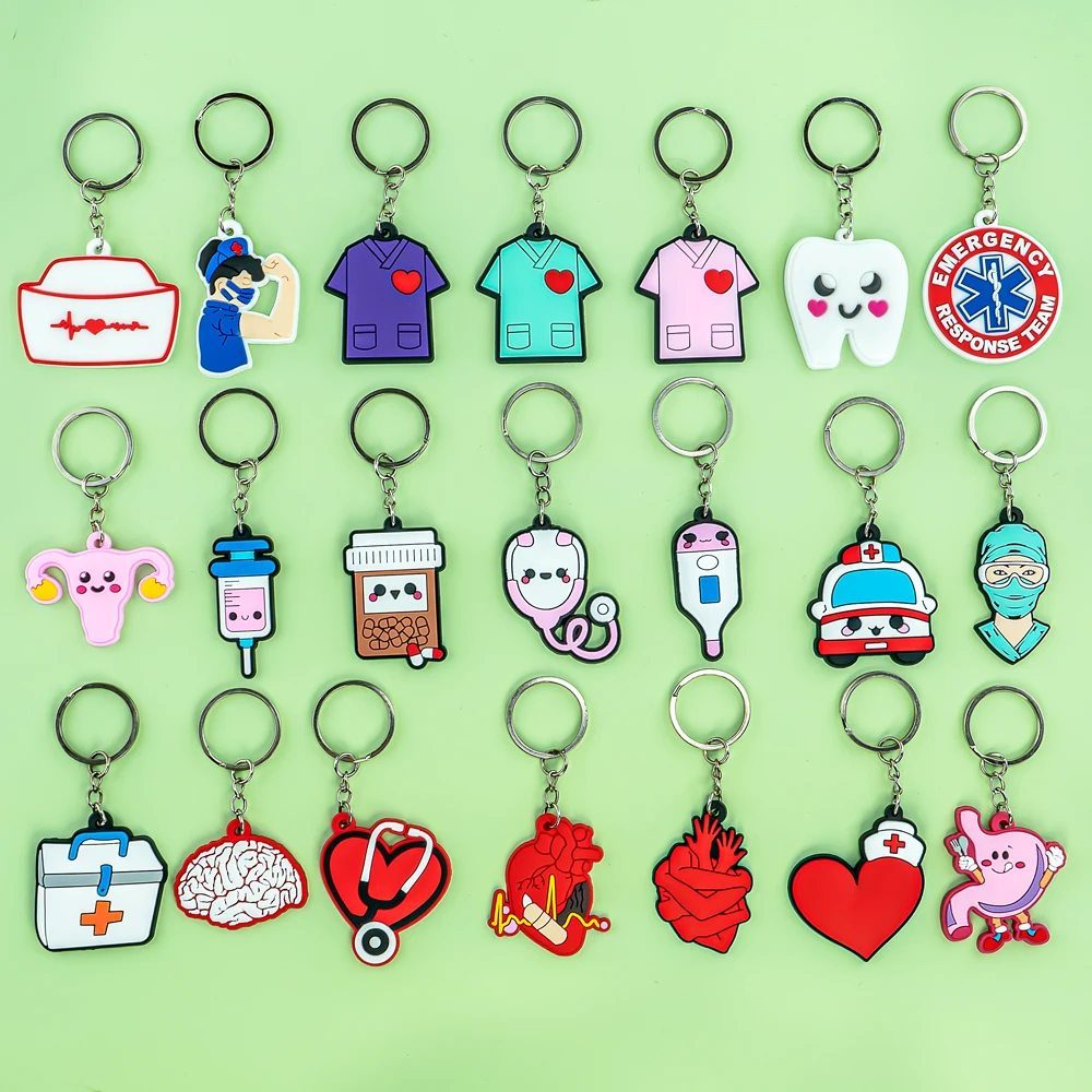 Color: SKY BLUE - 1PCS PVC Rubber Hot Keychain for nurses New Design Medicine Style Heart & Brain Car Key Pendant Cute Bag Ornament Gift