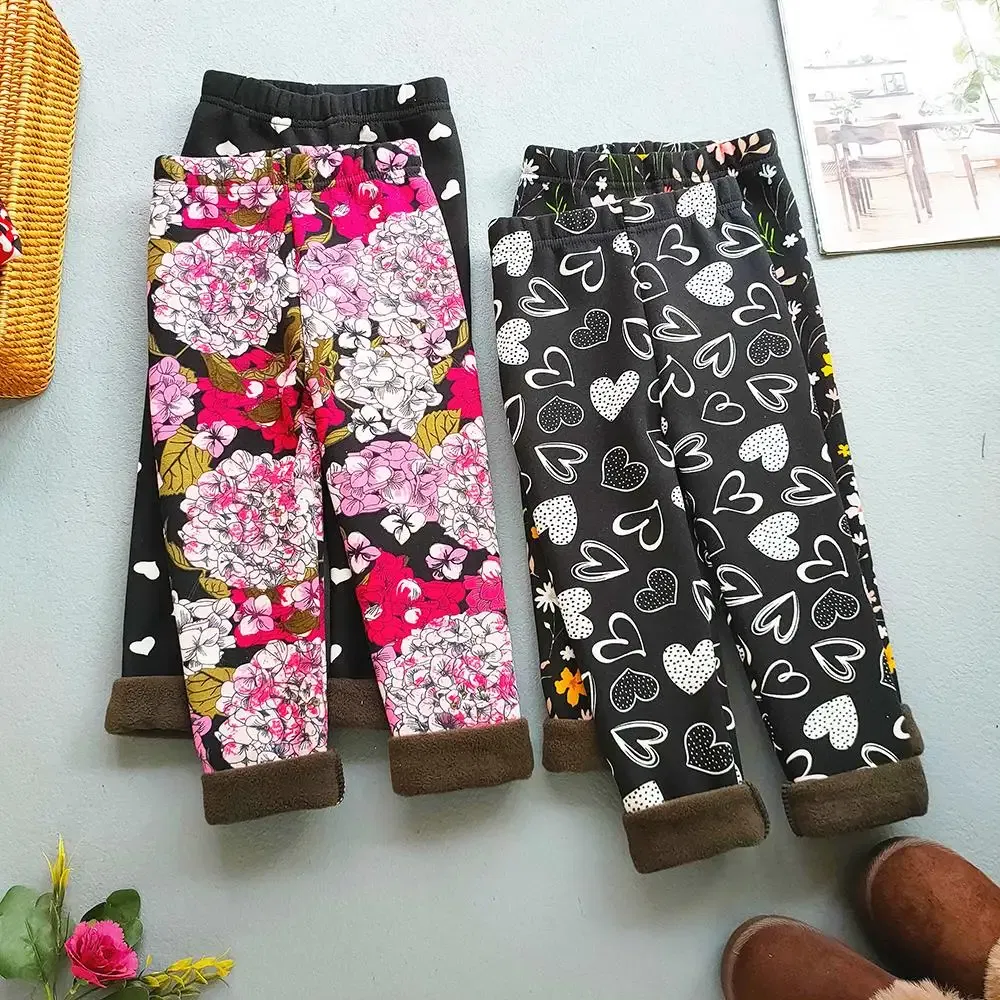 Color: PURPLE, Kid Size: 5 - Autumn Winter Print Flowers Thick Warm Kids Toddler Baby Girls Leggings Children's Pants