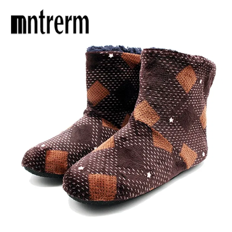 Color: GRAY, Shoe Size: 42 - Mntrern Casual Men Shoes Home Slippers Lattice Soft Plush Male House Slippers Warm Winter New Cotton Slippers Shoes Men Big Size