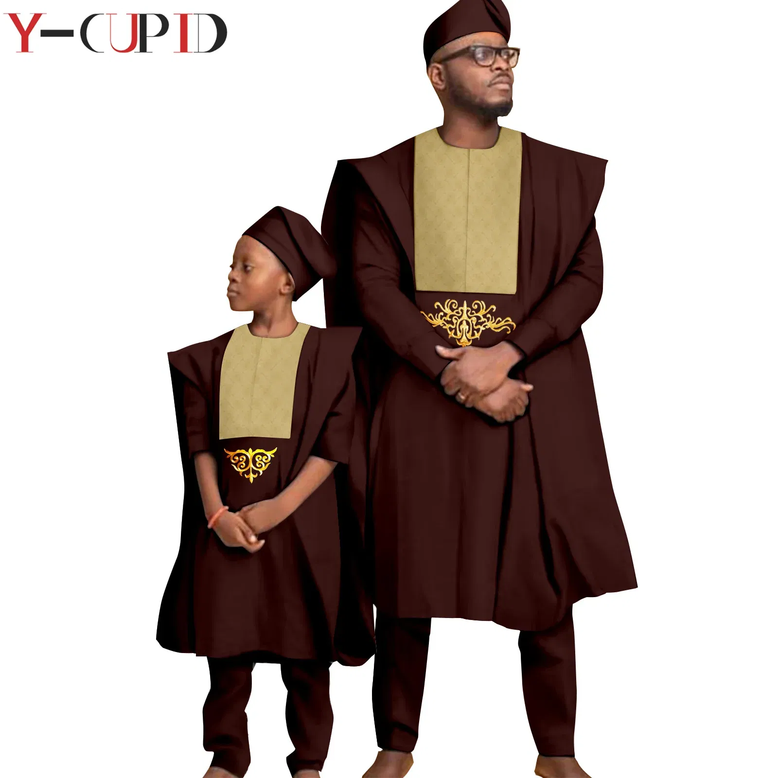 Color: Red, Size: L - African Clothes for Men Top Pants Robes Hat Sets Match Kid Boy Sets Dashiki Father and Son Bazin Riche Family Outfits Y20F001