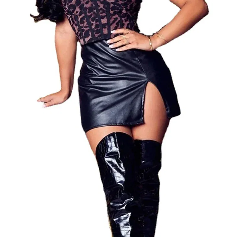 Color: Dark Green, Size: XXL - S M L XL XXL Women's Skirt High Waist Split  Leather Skirt Wrap Hip Skirt Plus Size Pencil Skirt