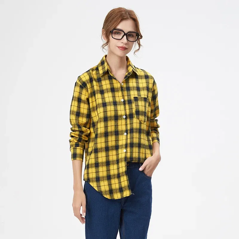 Color: Fuchsia, Size: L - Fresh Flannel Plaid Shirt Women 2025 New Female Blouses and Tops Cotton Loose Long Sleeve Casual Shirts Fine Women's Clothes