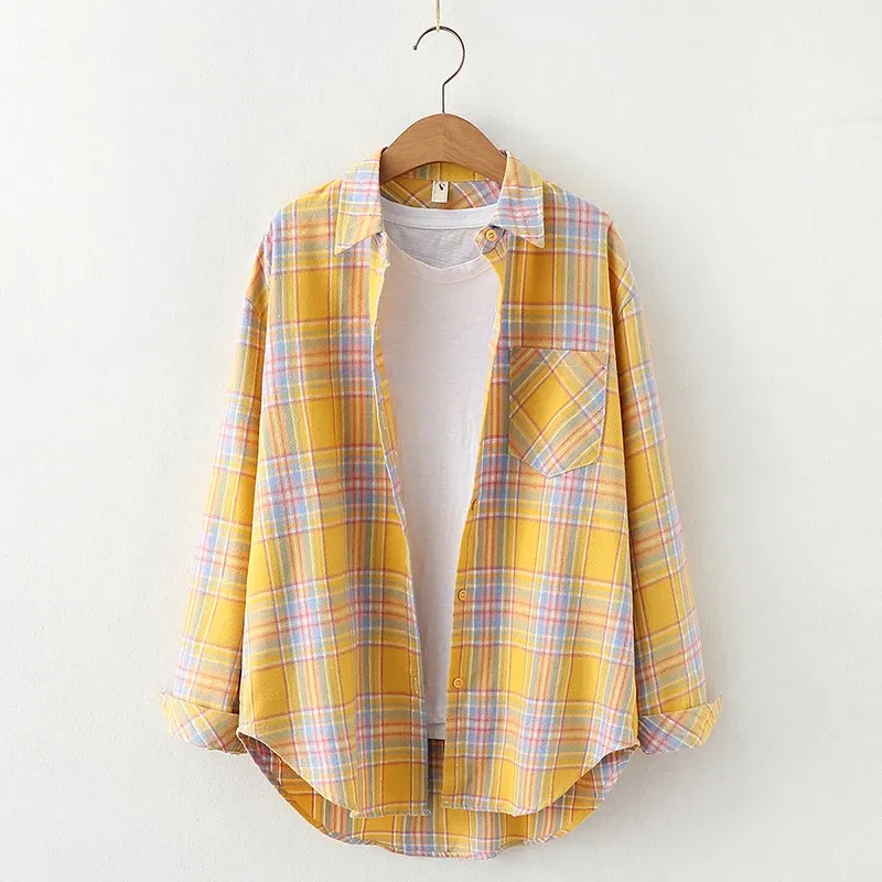 Color: Fuchsia, Size: L - Fresh Flannel Plaid Shirt Women 2025 New Female Blouses and Tops Cotton Loose Long Sleeve Casual Shirts Fine Women's Clothes
