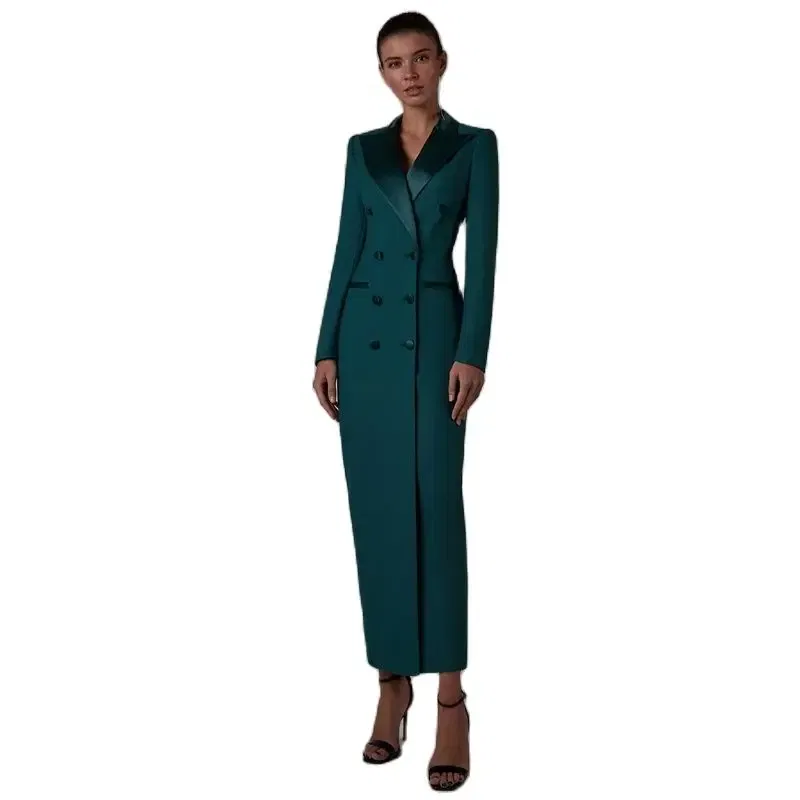 Color: Beige, Size: XL - Women's Suit Long Jacket One Piece Blazer Double Breasted Formal Tuxedo Party Dress кос?‚юм ?¶?µнский