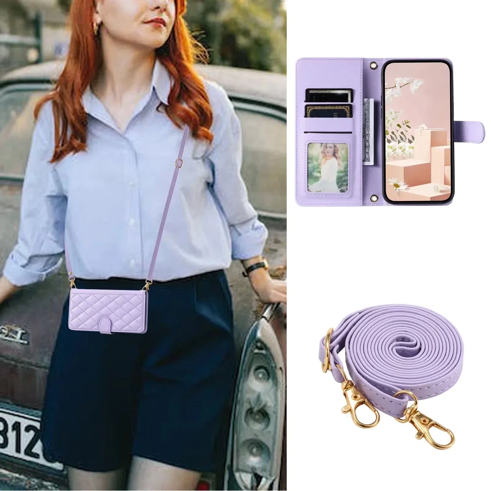 Material: PP, Color: Black - Long lanyard Flip Leather Phone Case for Samsung Galaxy S24 Ultra S23 FE S22 S21 S20 S10 Plus Wallet Card Cover Coque