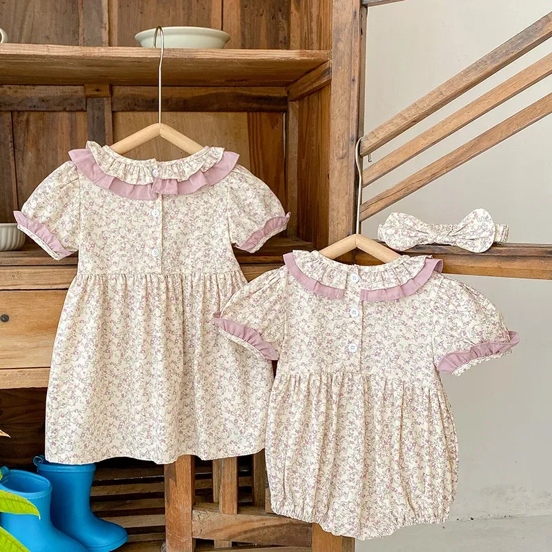 Color: MULTI, Kid Size: 12M - 2024 New Summer Kids Princess Dresses Short Sleeved Cotton Print Baby Girl Party Dress Infant Girl Romper Sister Clothing