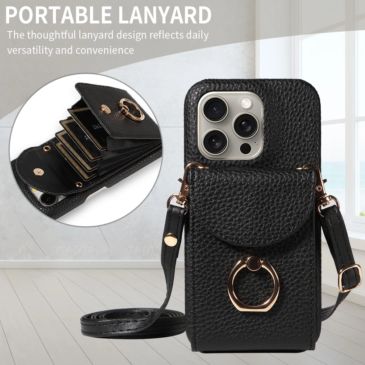 Color: Khaki, Compatible-Phone Models: For iPhone 13 Pro, Bundle: Case & Strap, Material: Artificial Leather - High Quality Ring Stand Lychee Pattern Phone Case for IPhone16promax15 14 13 Crossbody with Lanyard PU Leather Anti-fall Cover