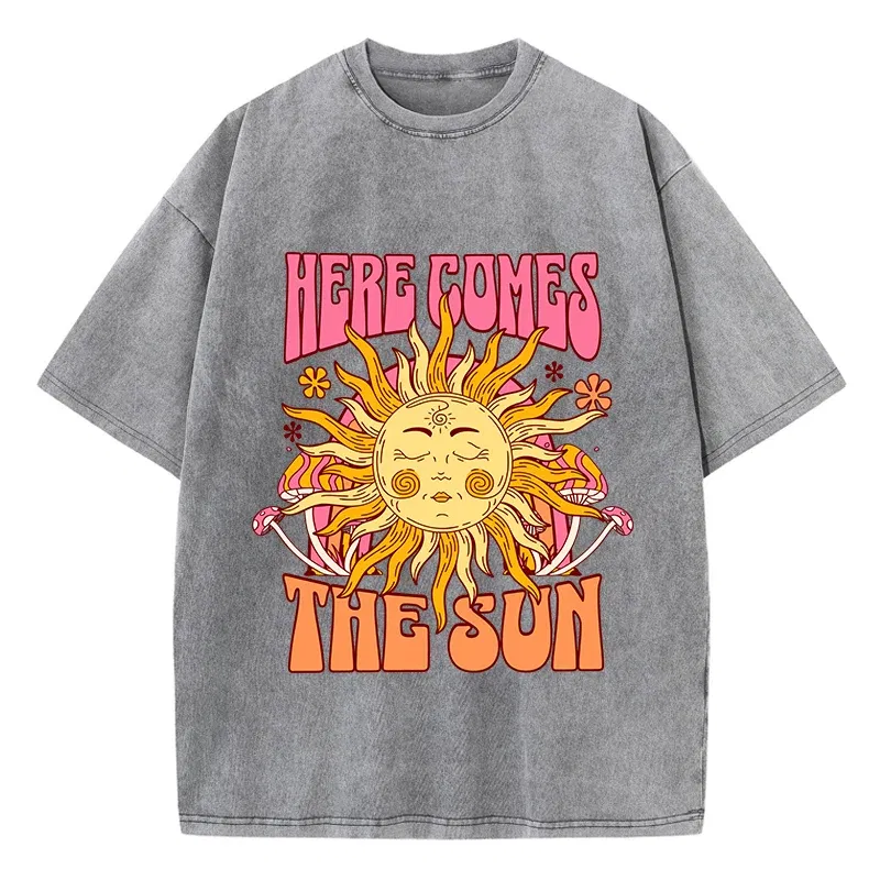 Color: Brown, Size: M - Oversize Women's Washed T-Shirt Cotton Here Comes The Sun Prints T Shirts Casual O-Neck Short Sleeve Tops Loose Women's Clothes