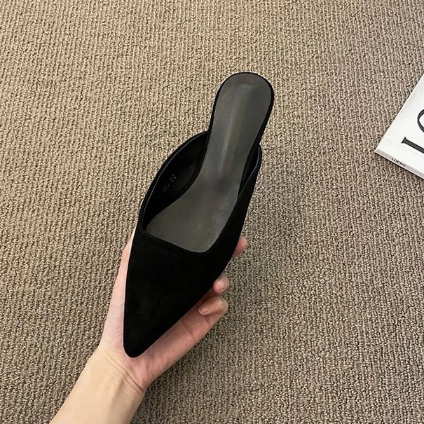 Color: black, Shoe Size: 36 - Women Slippers Pointed Toe Leopard Design Shallow Slip on Thin Low Heels Black Flock Design Casual Mules Loafers Black Outdoor
