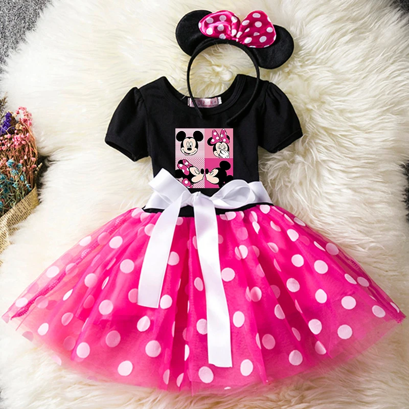 Color: Khaki, Size: XS - Cartoon Mickey Minnie Mouse Kids Short Sleeve Polka Dot Princess Dress 1-6Y Party Baby Girls Clothes Cosplay Costumes