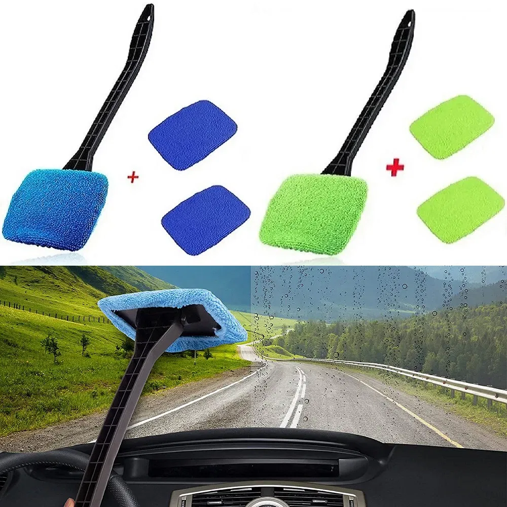 Color: green - Car Windshield Cleaning Brush Kit Car Window Wiper Home Glass Defogging Dust Towel With Long Handle Cleaner Brush Washing Tool