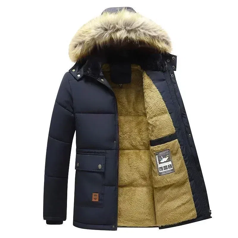 Color: black, Size: 4XL - 2024 New Men Winter Autumn Work Outwearing Parka Black Fleece Lined Thick Warm Hooded Fur Collar Coat Male Size 5XL Plush Jacket