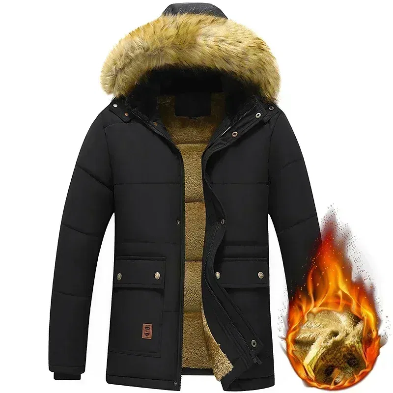 Color: black, Size: 4XL - 2024 New Men Winter Autumn Work Outwearing Parka Black Fleece Lined Thick Warm Hooded Fur Collar Coat Male Size 5XL Plush Jacket