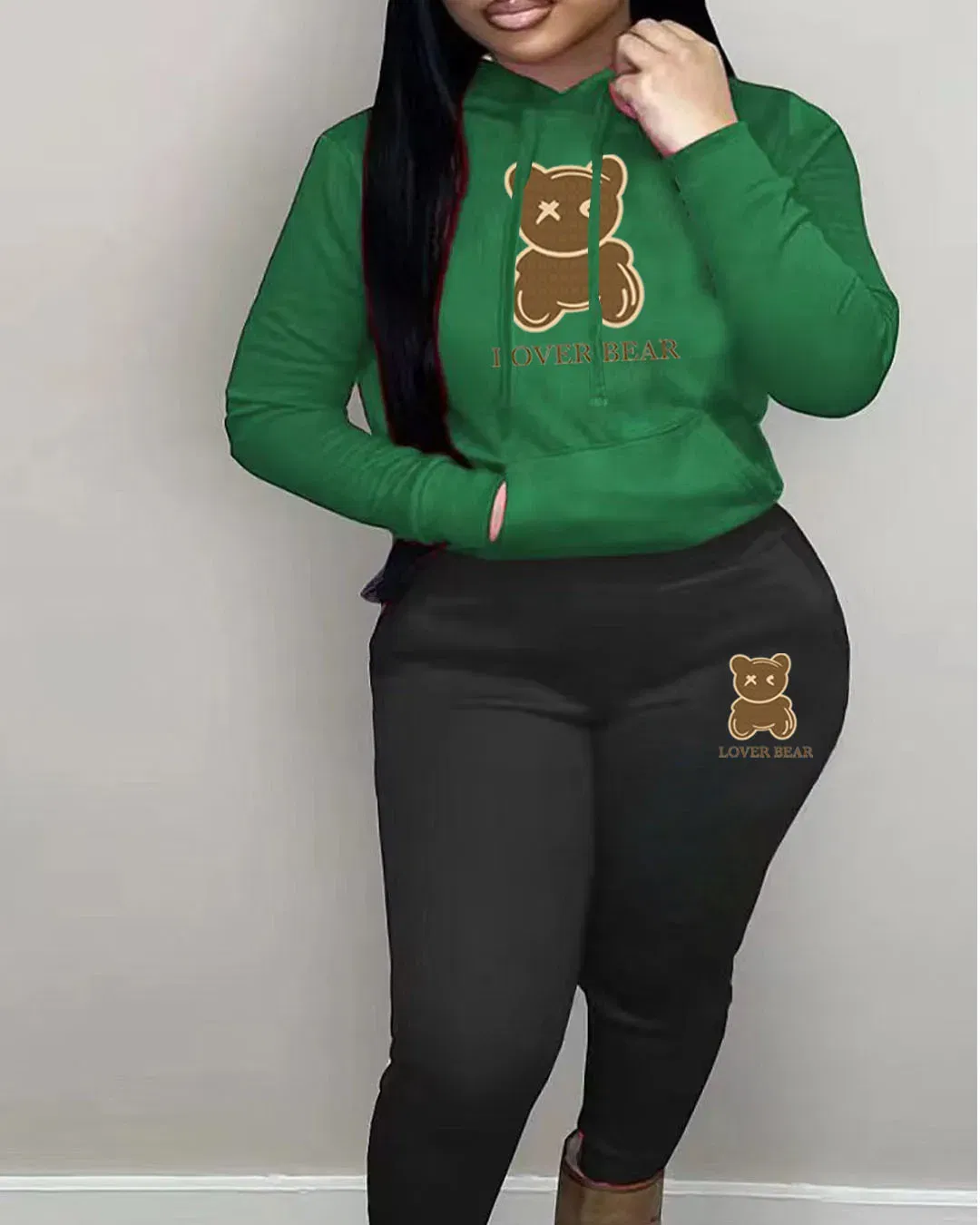 Color: Ivory, Size: XXXL - 2 Piece Set Women Outfit Letter Bear Print Hooded Neck Hoodies Sweatshirt Pants Tracksuit 2024 Plus Size Streetwear Casual Suit