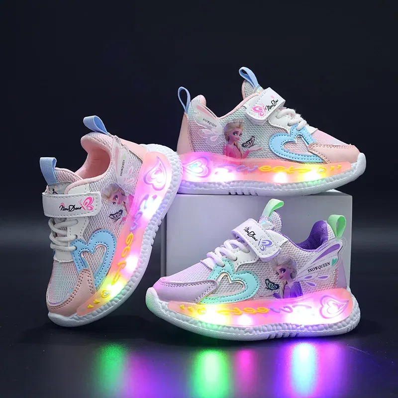 Color: Pink, Shoe Size: 7 - Disney Children Led Shoes Kids Girls Sneakers Frozen Elsa Princess Lighting Shoes Pink Purple Casual Sports Shoes Size 21-31