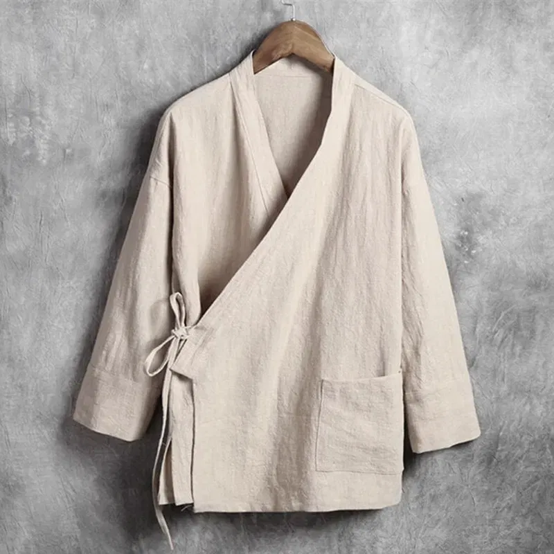 Color: Dark Grey, Size: XXL - Plus Size M-6XL Pure Color Men's Tops 2024 New Cotton Linen Oblique Placket Long Sleeve Linen Hanfu chinese Clothing  Kimono