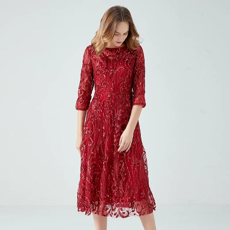 Color: Burgundy, Size: M - Women's Lace Dress Sequin Evening Dresses Spring and Autumn New Wedding Banquet Broad Wife Fat Plus Size Long Dress Long Red
