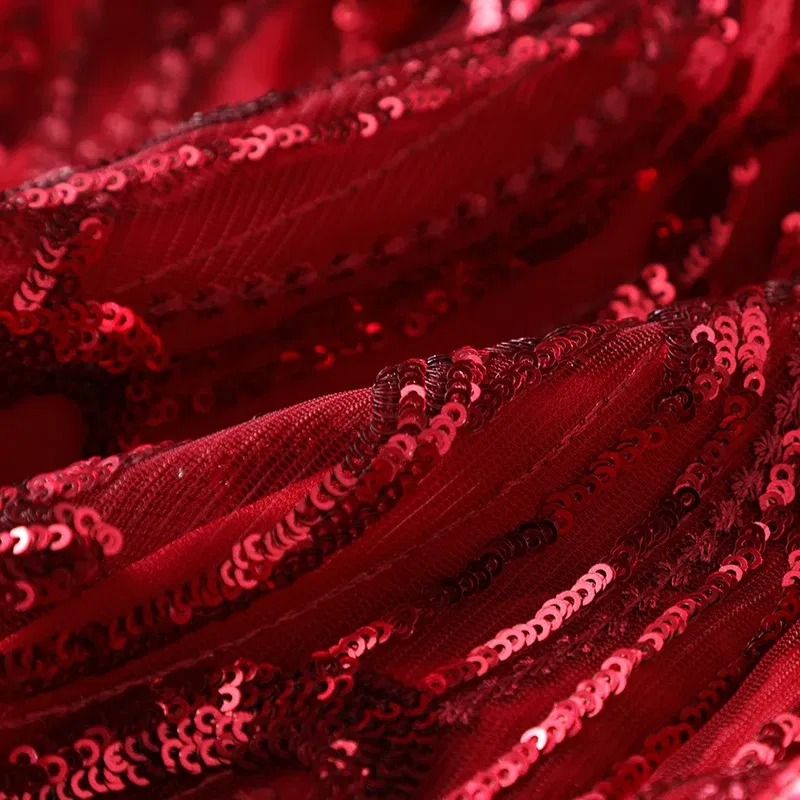 Color: Burgundy, Size: M - Women's Lace Dress Sequin Evening Dresses Spring and Autumn New Wedding Banquet Broad Wife Fat Plus Size Long Dress Long Red