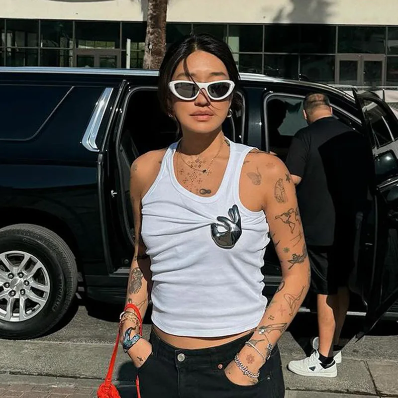 Color: Beige, Size: M - Women's Personalized Fashion Personalized Shrink Tank Top Sexy Solid Color OK Pattern Tank Top